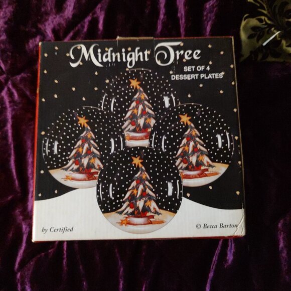 Vintage "Midnight Tree" Christmas Dessert Plates 8", set of 4, by Becca Barton, - Picture 2 of 3